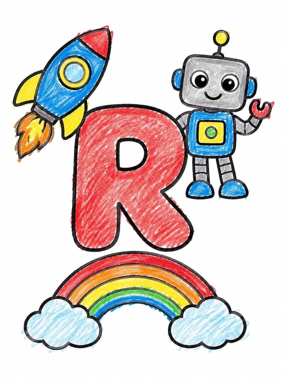 Colored example of the Letter R With Rocket, Robot, And Rainbow coloring page