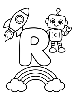 Free printable Letter R With Rocket, Robot, And Rainbow coloring page