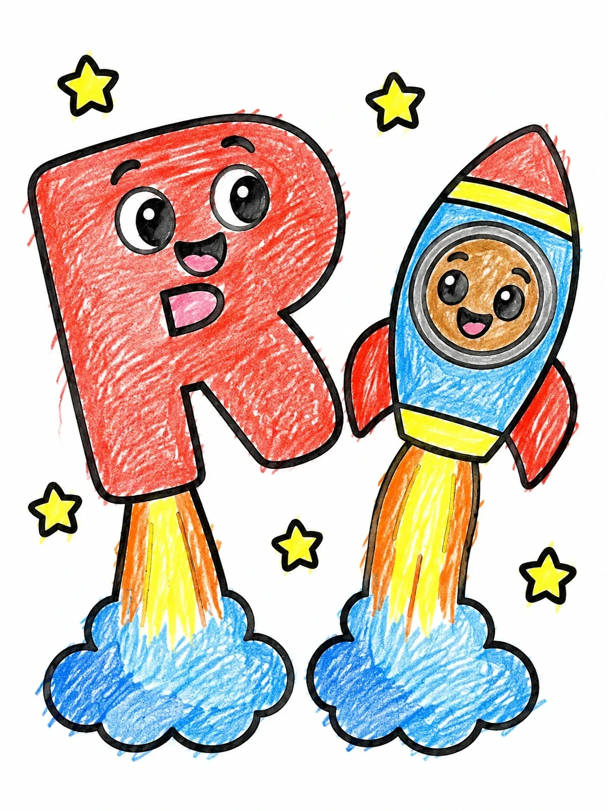Colored example of the Letter R Rocket Blasting Off coloring page