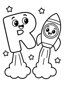 Free printable Letter R Rocket Blasting Off coloring page
