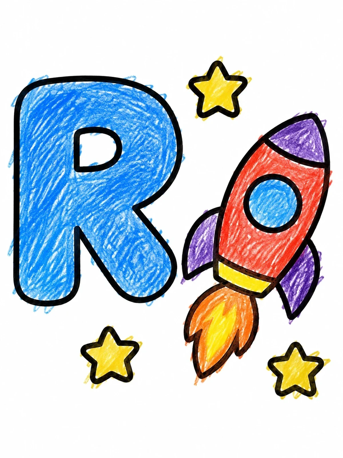Colored example of the Letter R With Flying Rocket coloring page