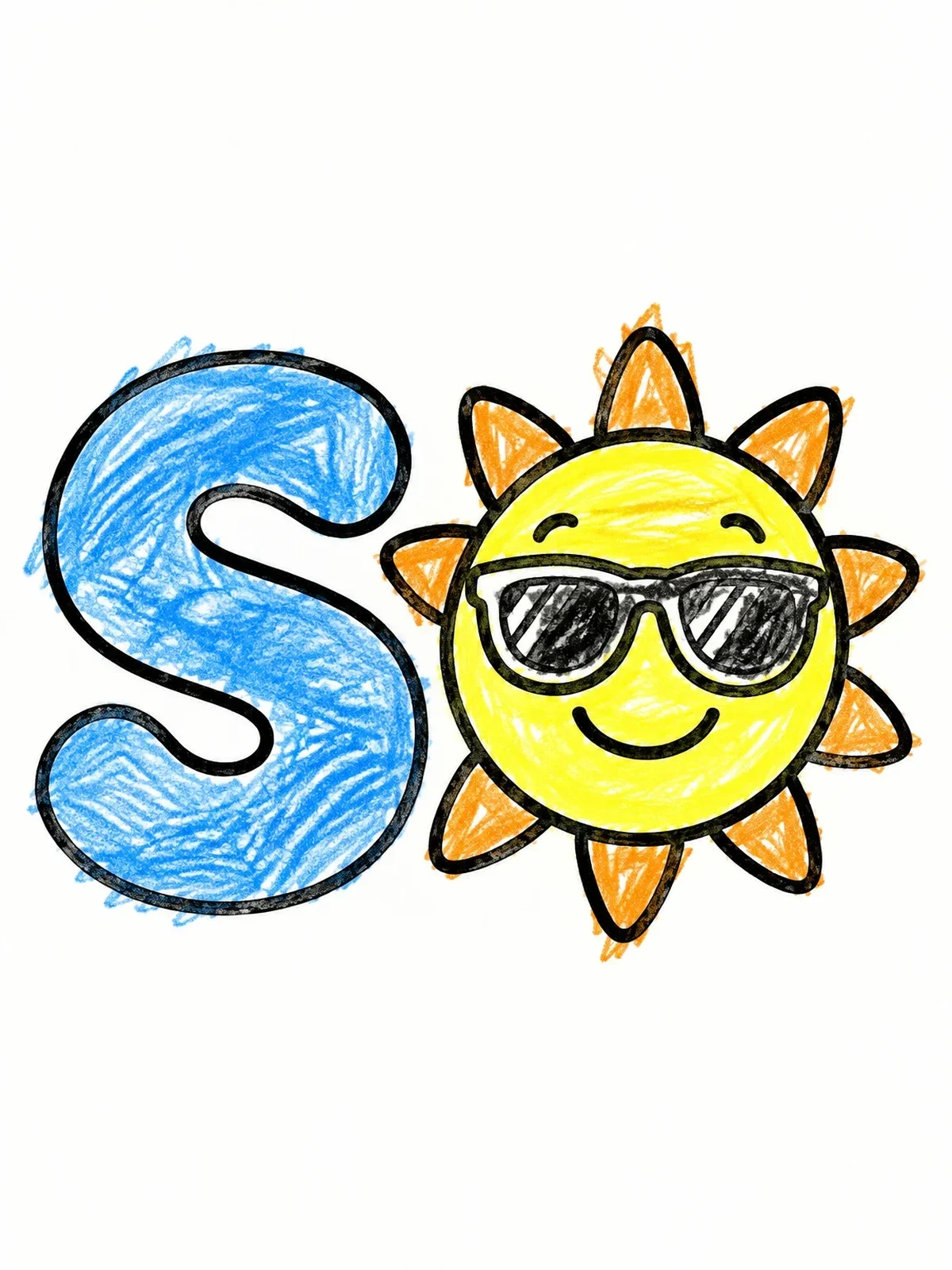 Colored example of the Capital Letter S With Cool Sun coloring page