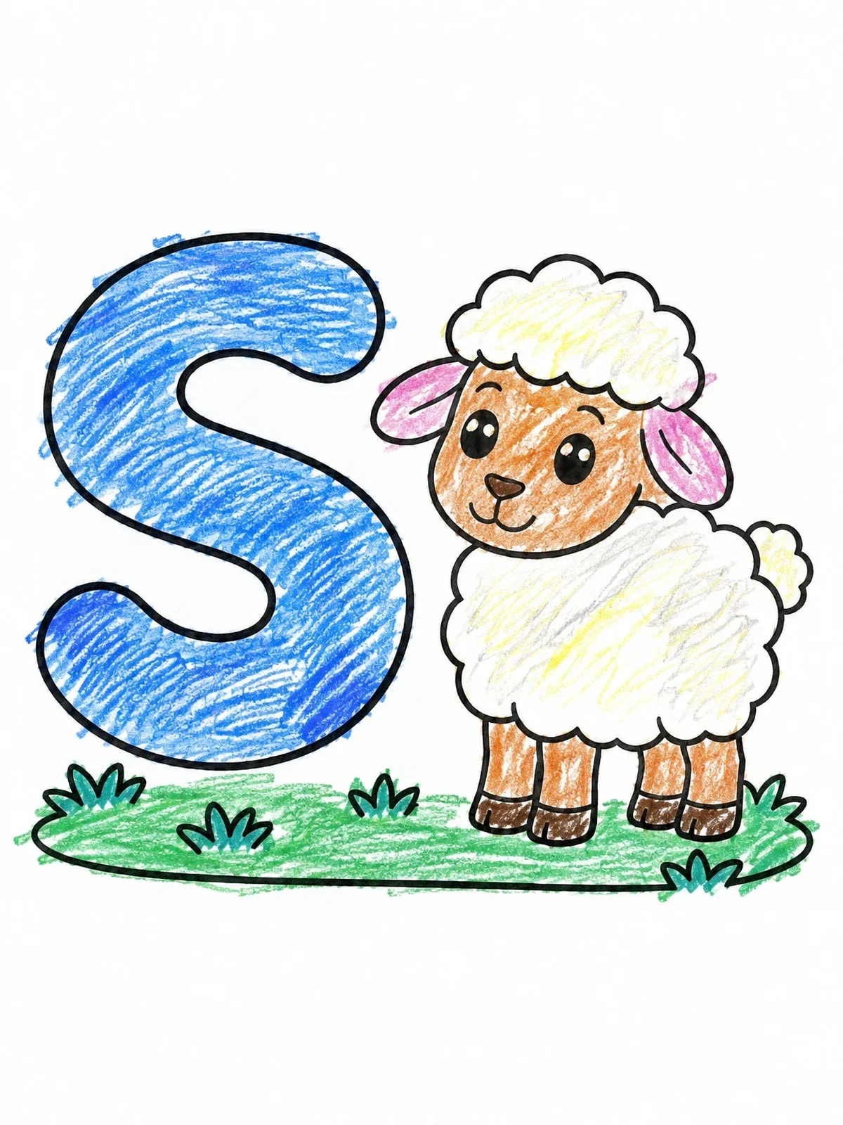 Colored example of the Letter S With Cute Sheep coloring page