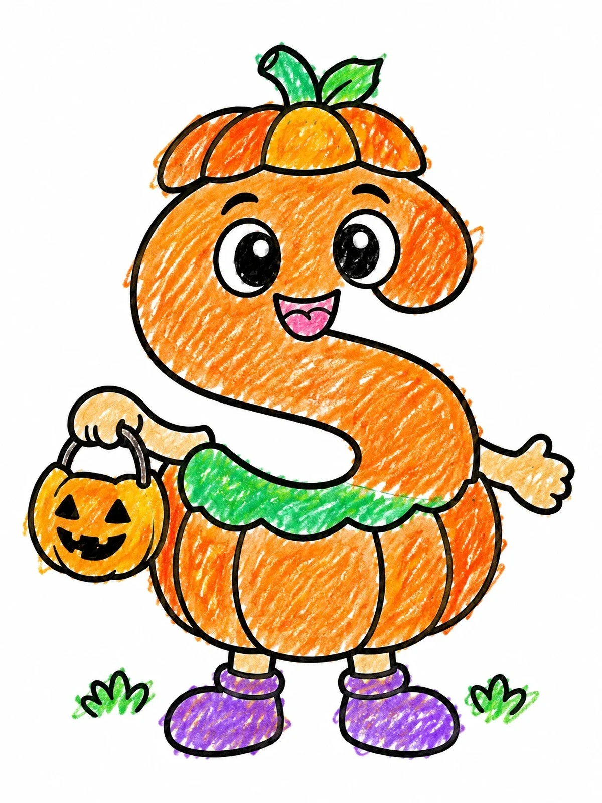 Colored example of the Letter S In Pumpkin Costume coloring page