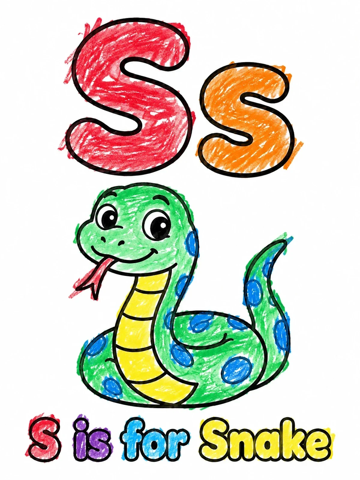 Colored example of the Letter S With Cute Smiling Snake coloring page