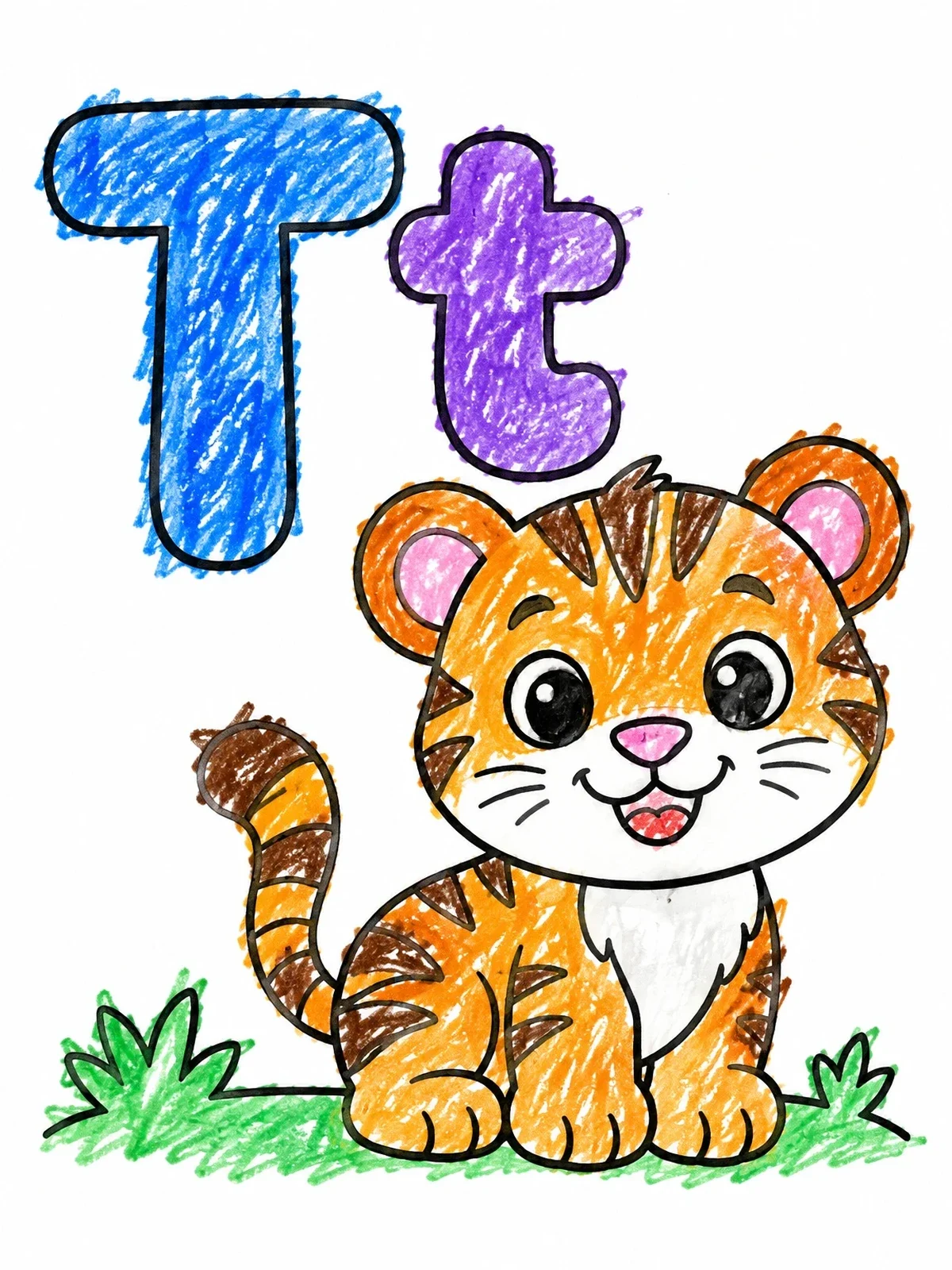 Colored example of the Cute Tiger With Letter T coloring page