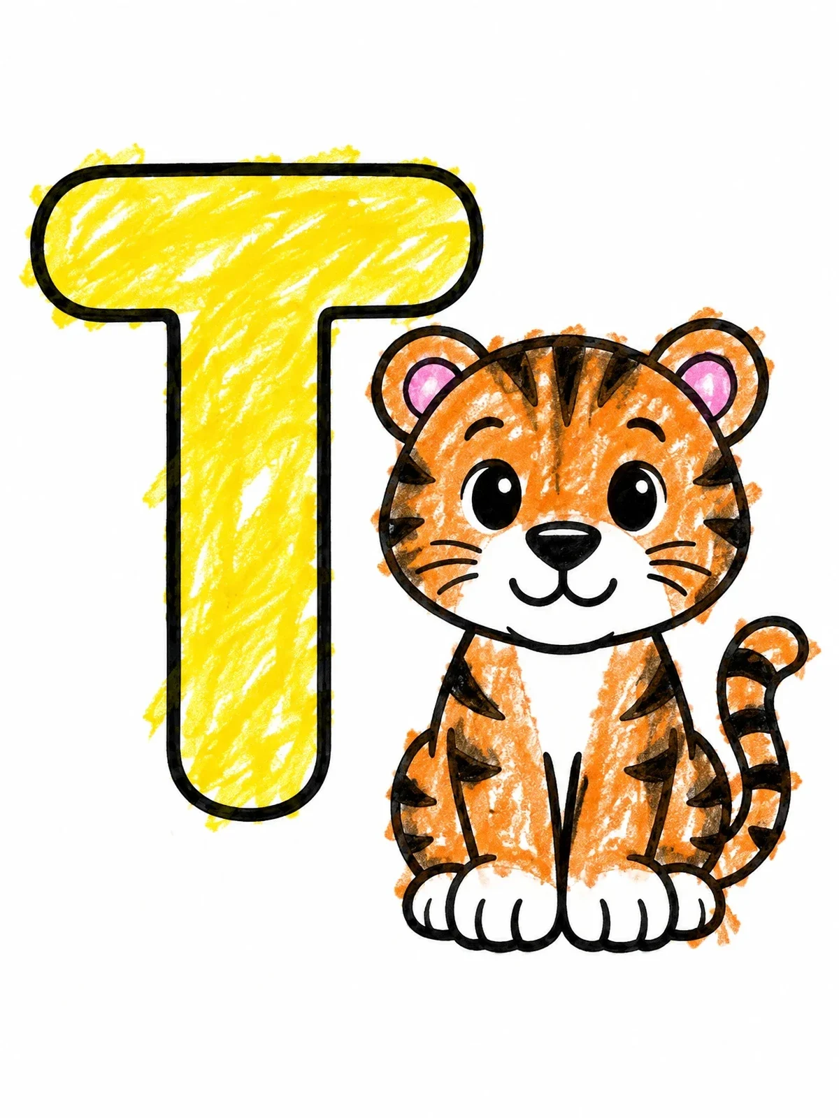 Colored example of the Letter T With Cute Little Tiger coloring page