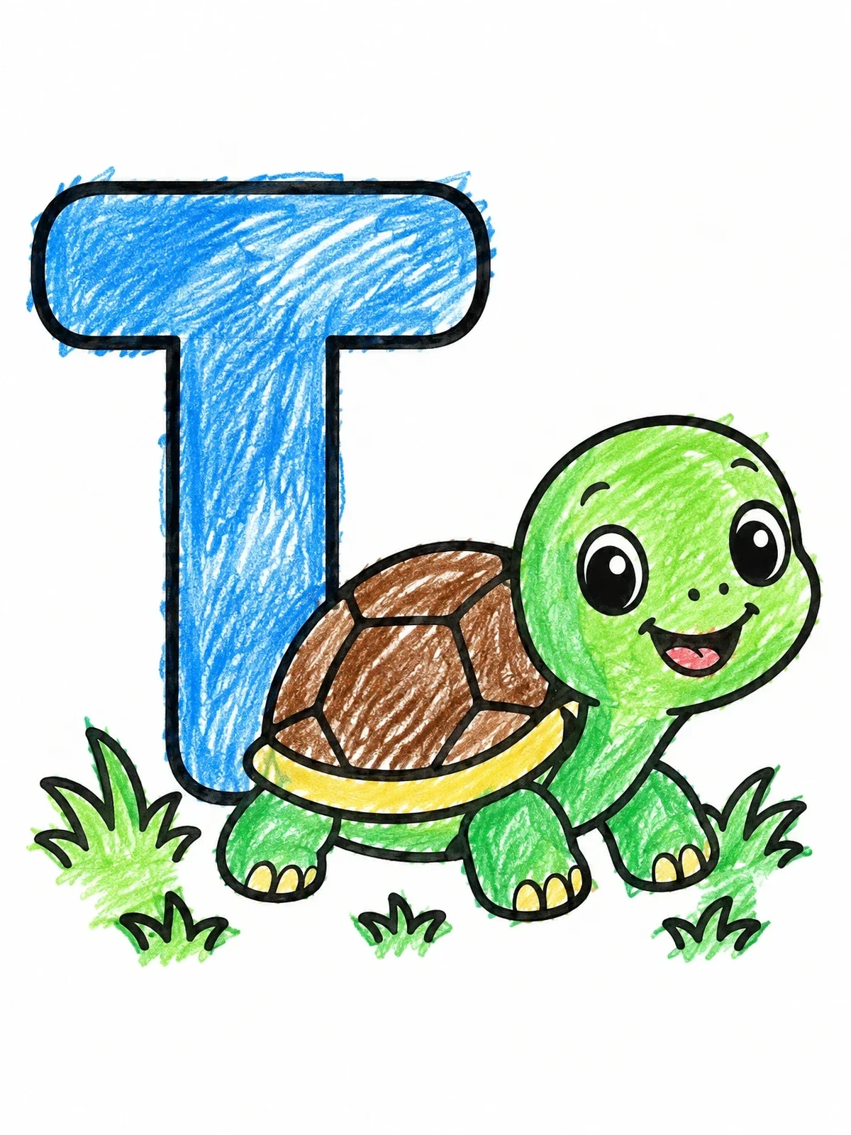 Colored example of the Letter T With Cute Little Turtle coloring page