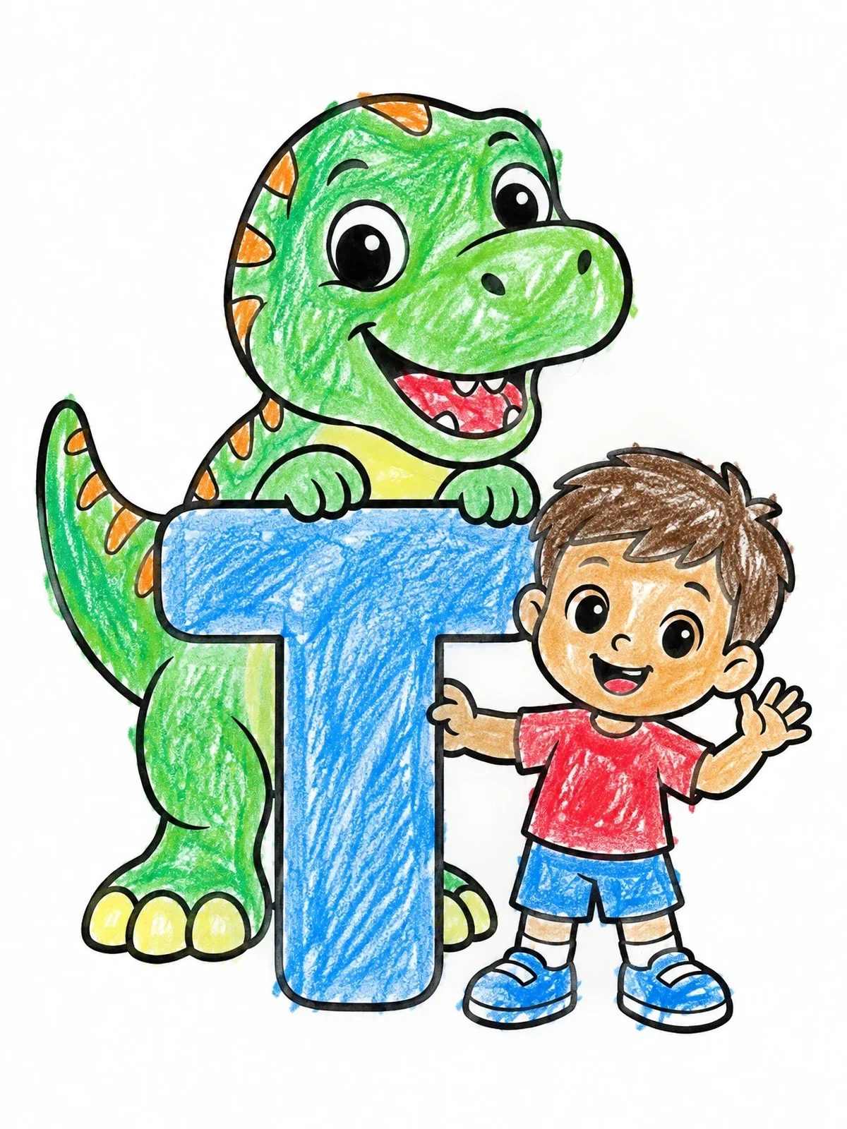 Colored example of the Letter T With Dinosaur And Boy coloring page