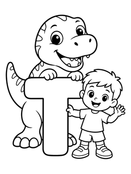 Free printable Letter T With Dinosaur And Boy coloring page