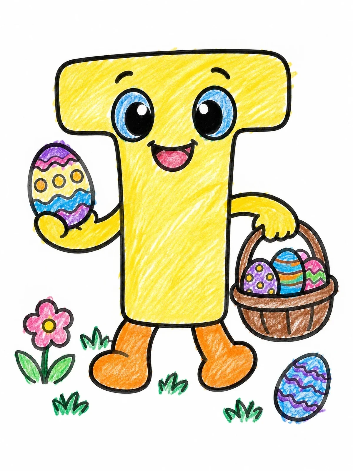 Colored example of the Letter T Easter Egg Hunt coloring page