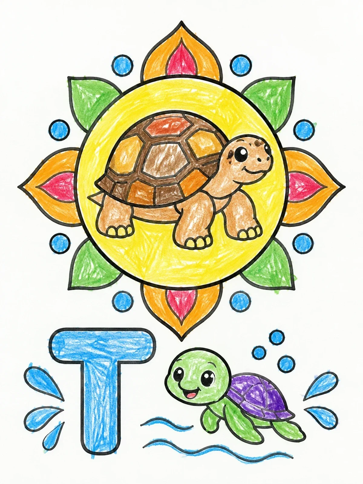 Colored example of the Letter T With Friendly Turtles coloring page