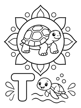 Free printable Letter T With Friendly Turtles coloring page
