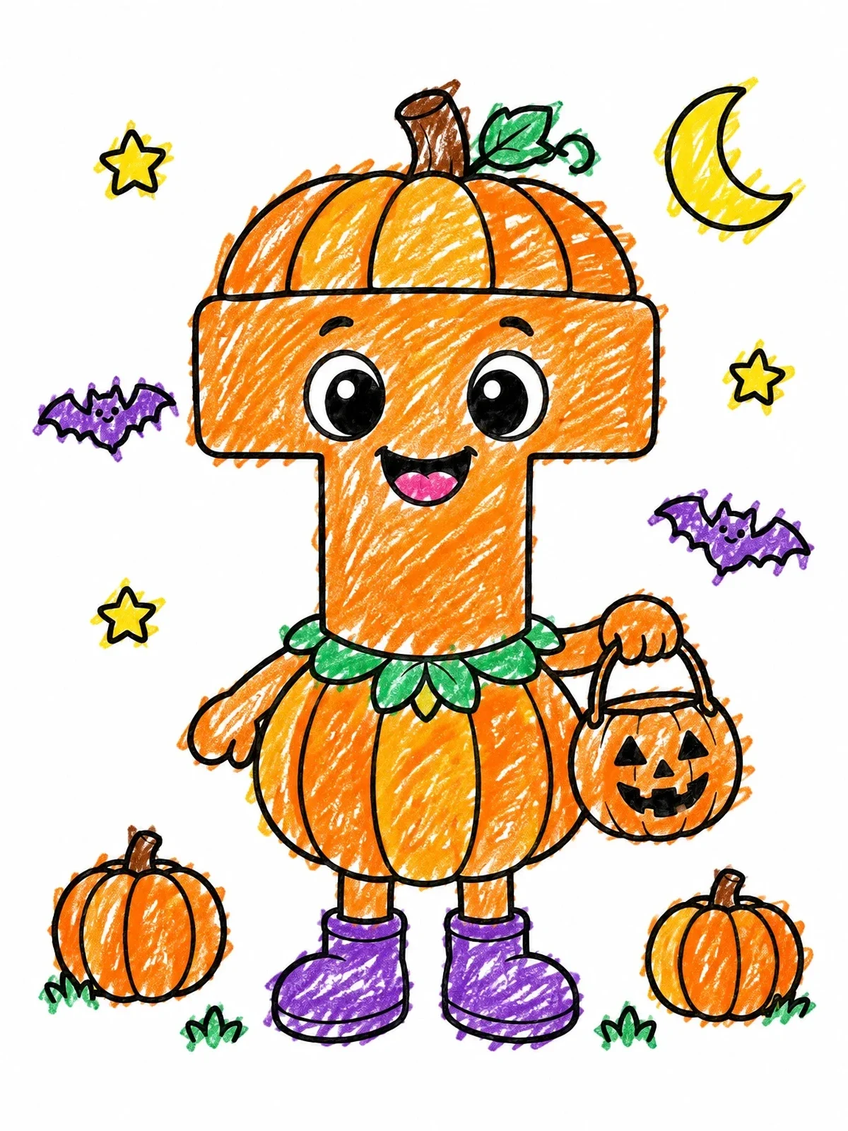 Colored example of the Letter T In Halloween Pumpkin Costume coloring page