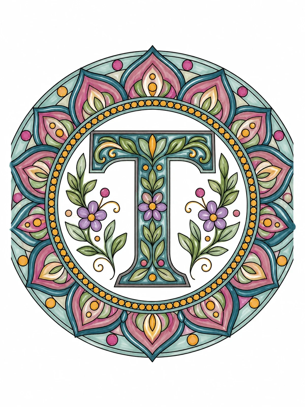 Colored example of the Ornate Letter T Mandala Design coloring page