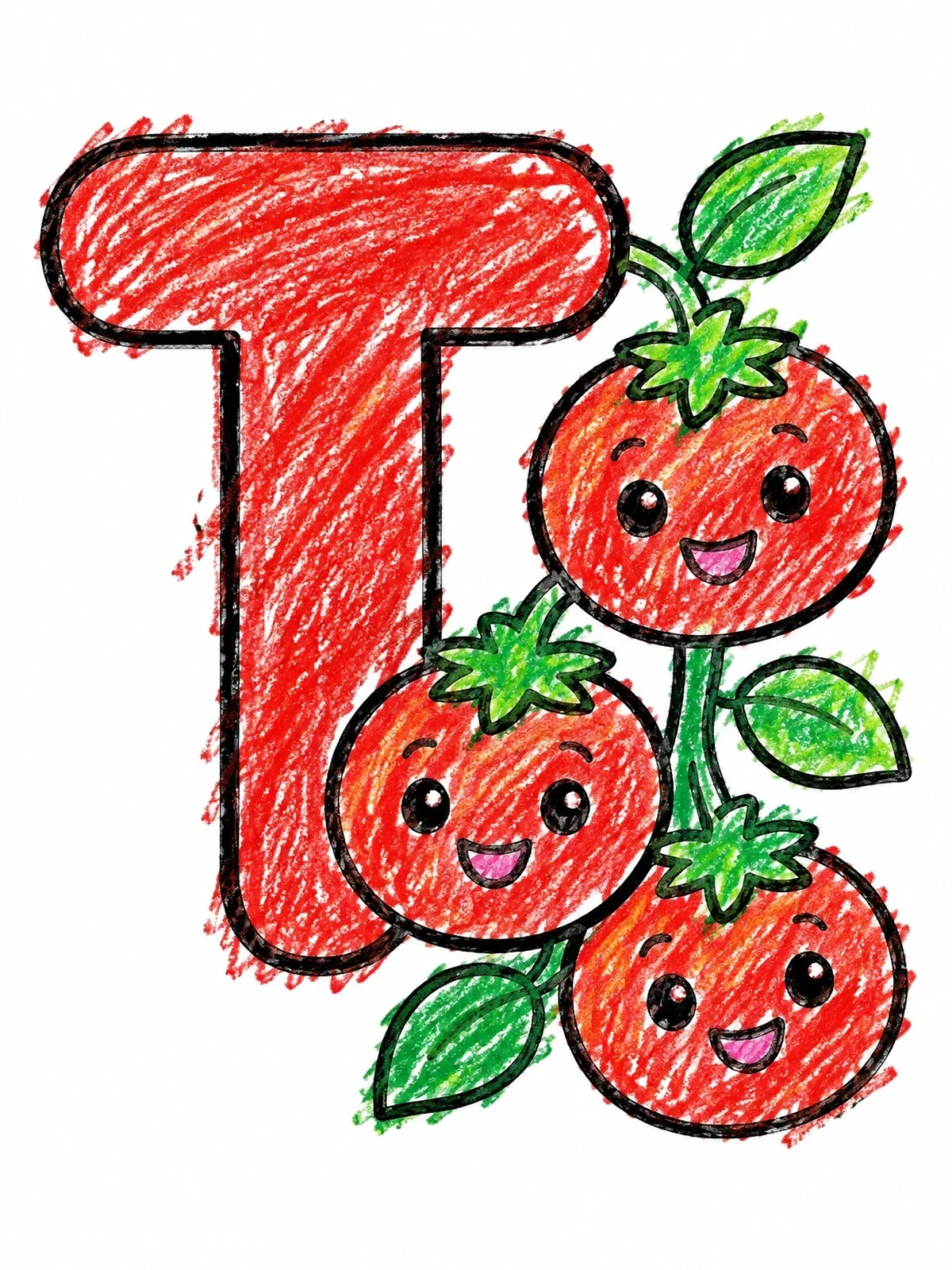 Colored example of the Letter T With Smiling Tomatoes coloring page