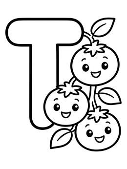 Free printable Letter T With Smiling Tomatoes coloring page