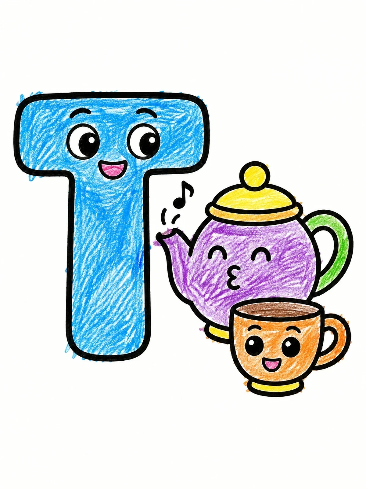 Colored example of the Letter T With Teapot And Teacup coloring page