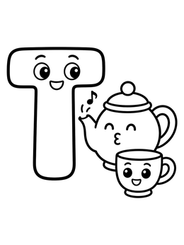 Free printable Letter T With Teapot And Teacup coloring page