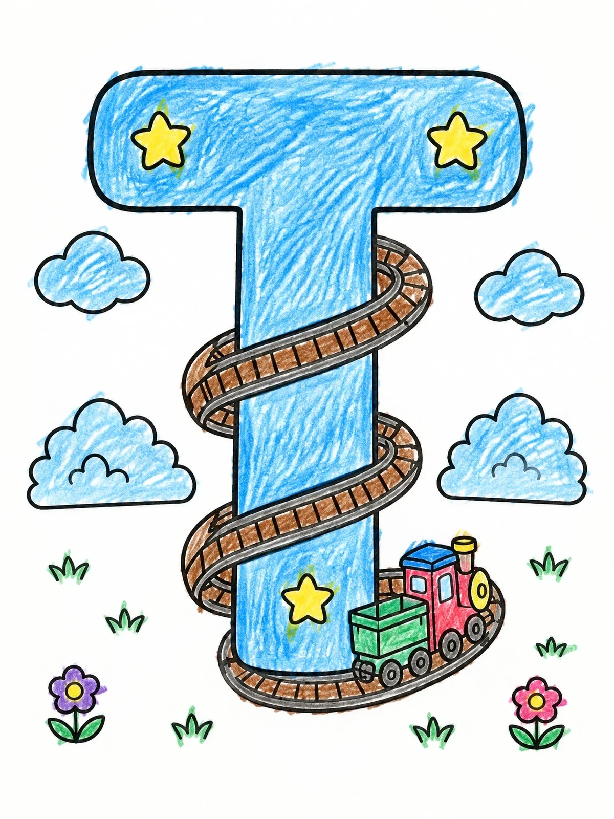 Colored example of the Letter T With Toy Train Track coloring page