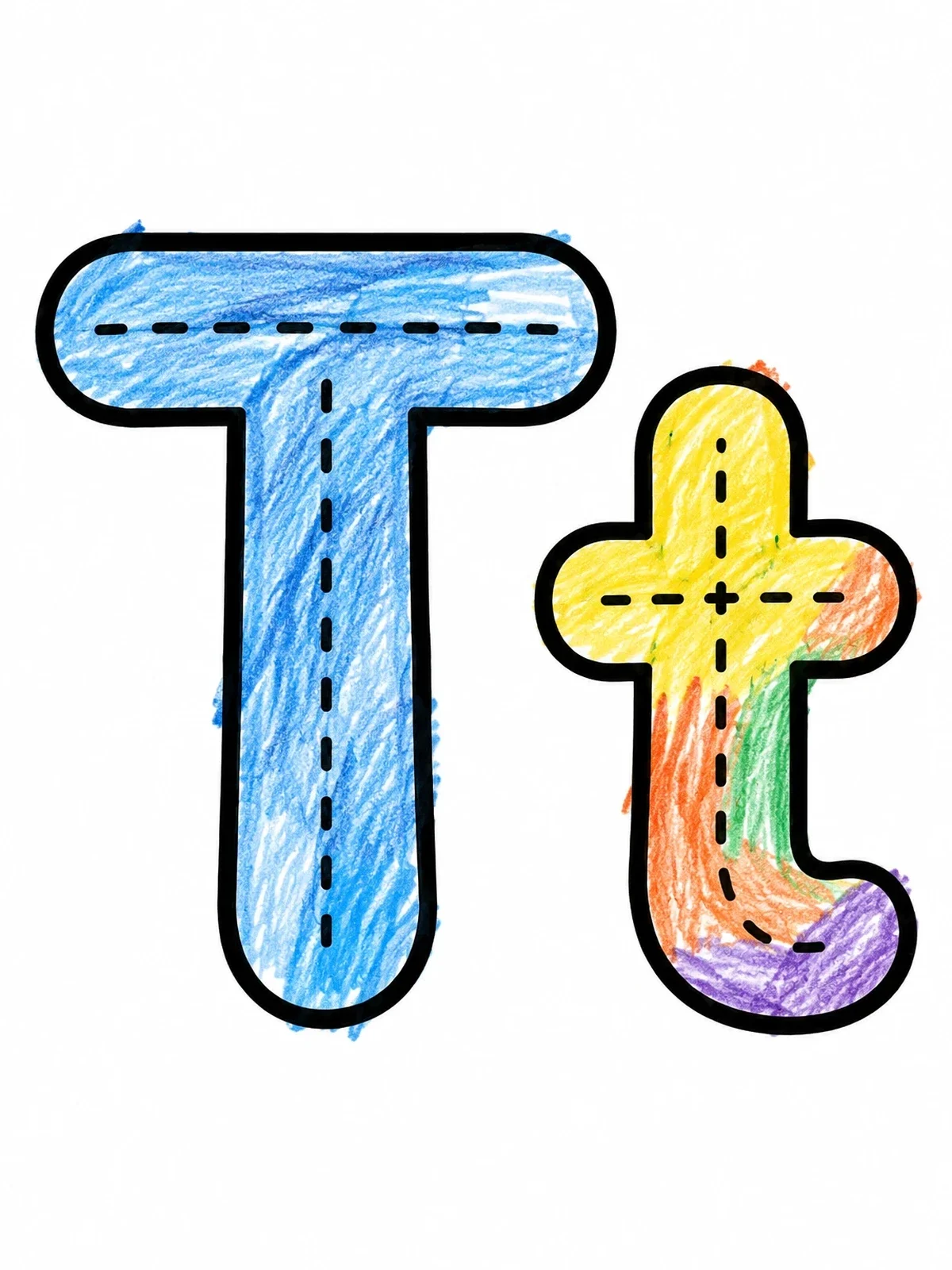 Colored example of the Uppercase And Lowercase Letter T Tracing coloring page