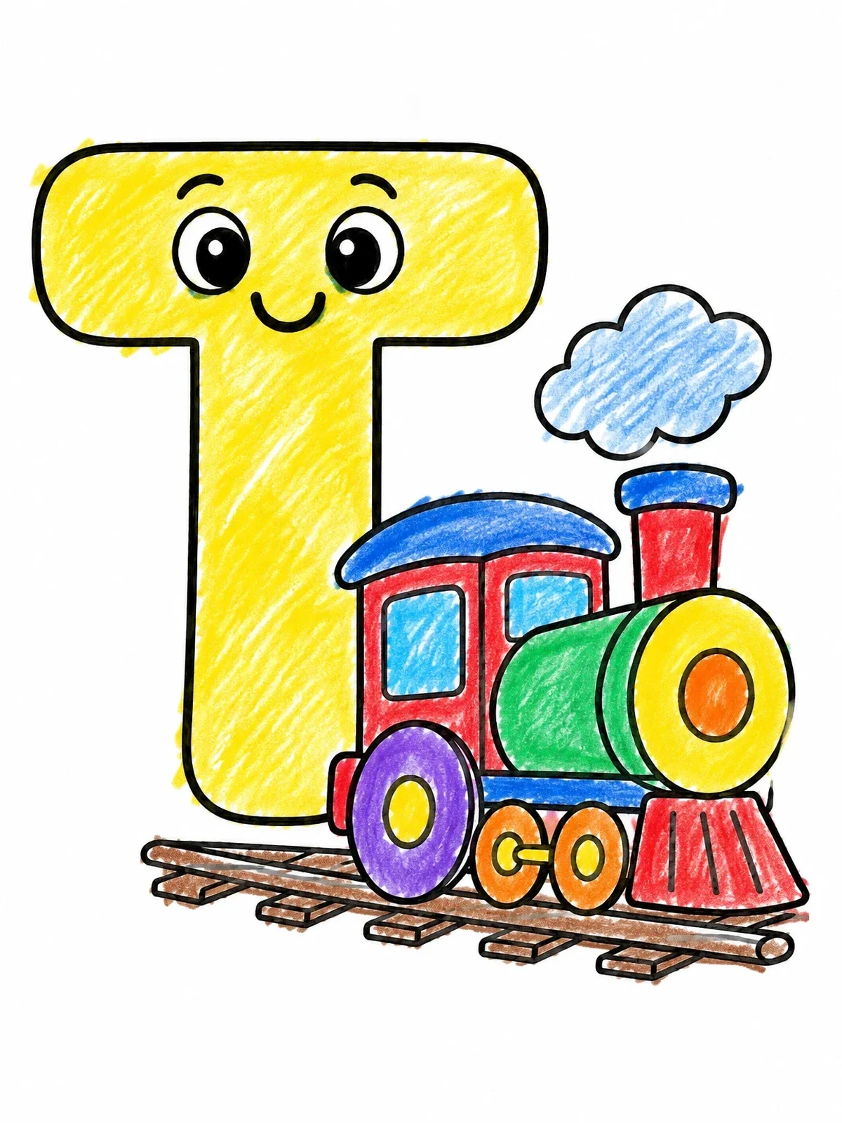 Colored example of the Cute Letter T With Toy Train coloring page