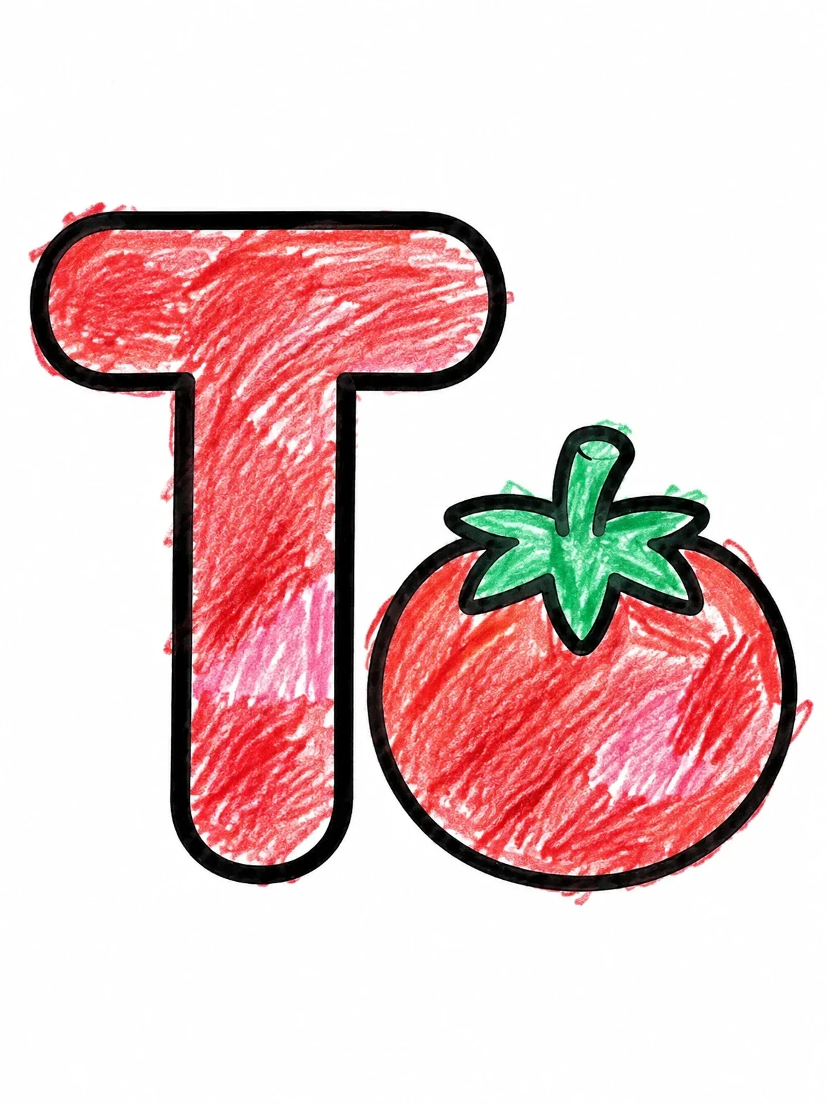 Colored example of the Letter T With A Fresh Tomato coloring page