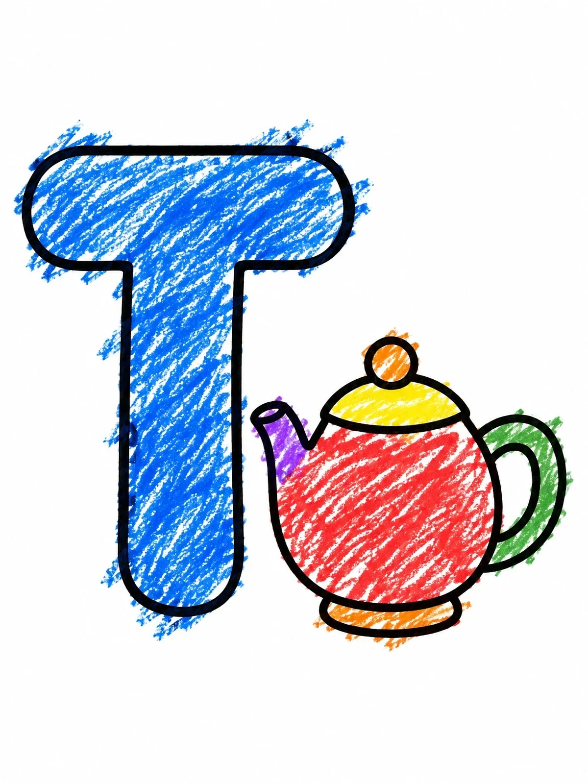 Colored example of the Letter T With Cute Teapot coloring page