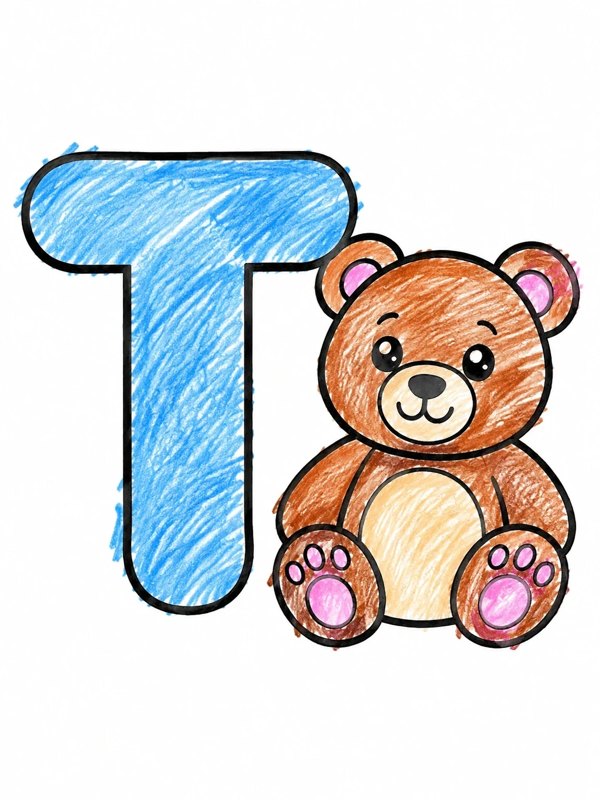 Colored example of the Letter T With Cute Teddy Bear coloring page