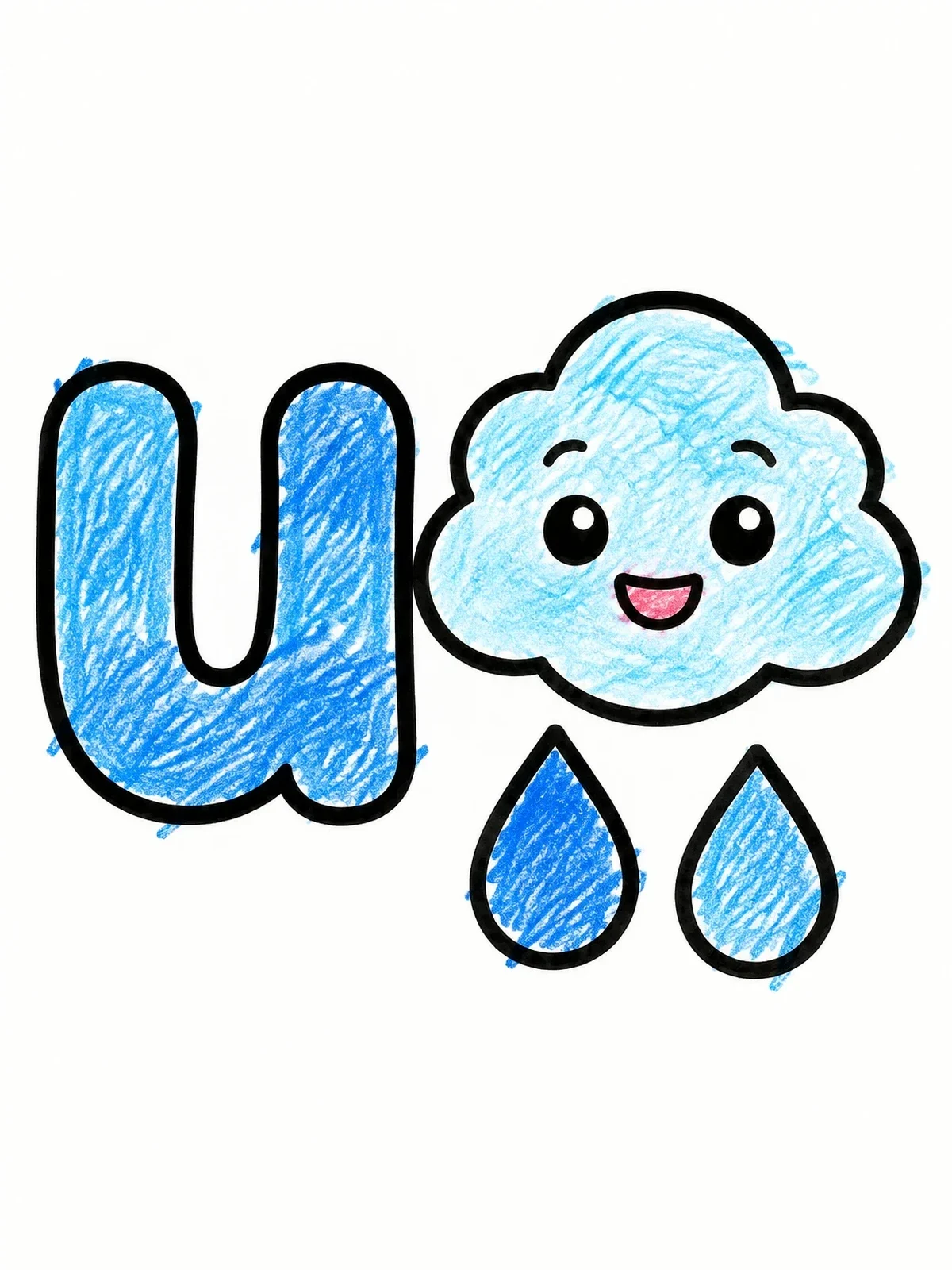 Colored example of the Letter U With Happy Rain Cloud coloring page