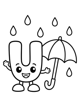 A cartoon letter U holds an umbrella coloring page with falling raindrops around it.