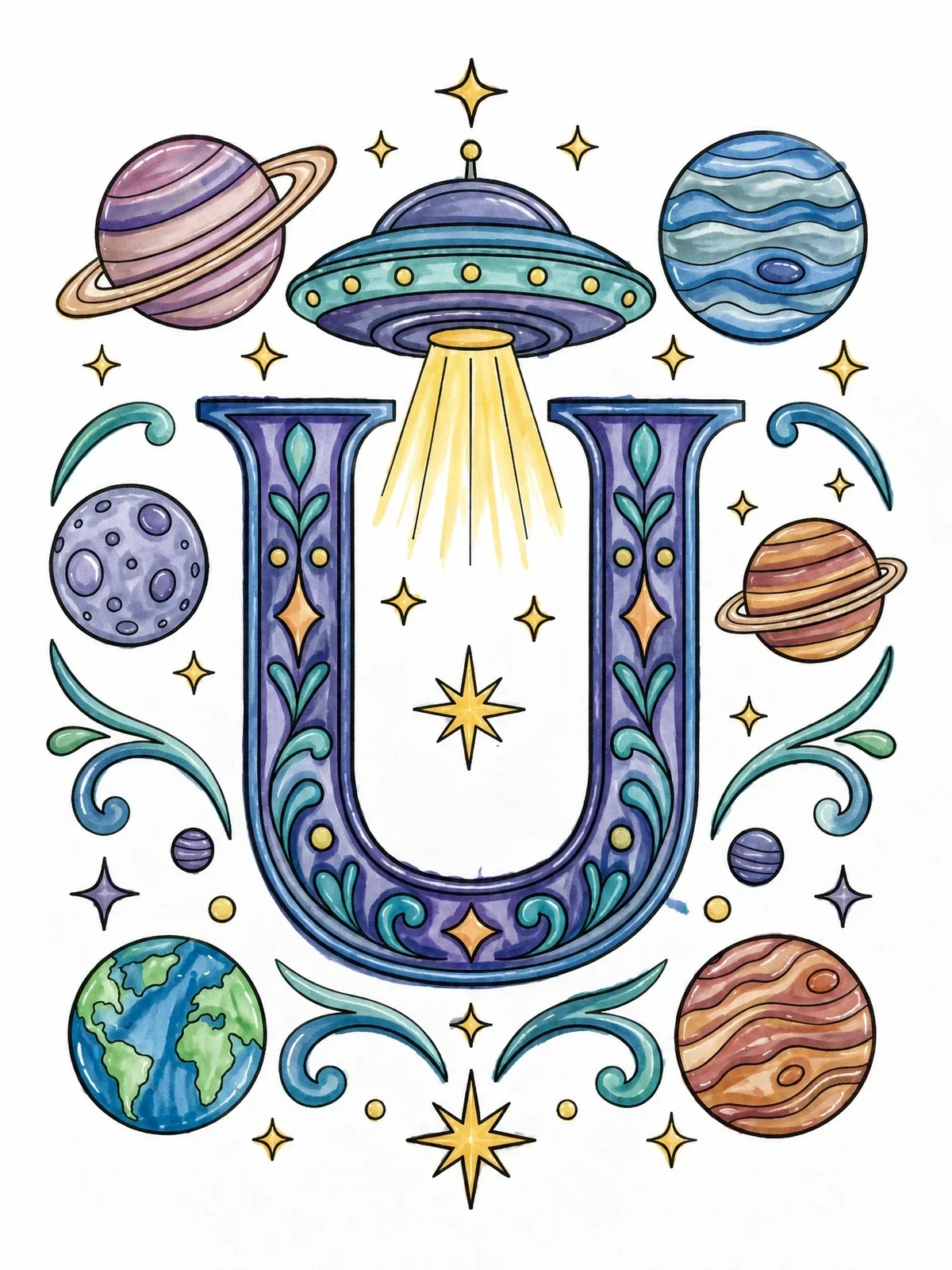 Colored example of the Letter U With Space And Ufo coloring page