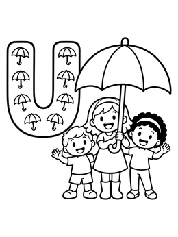 Happy children standing under an open umbrella beside a letter U in this umbrella coloring page.