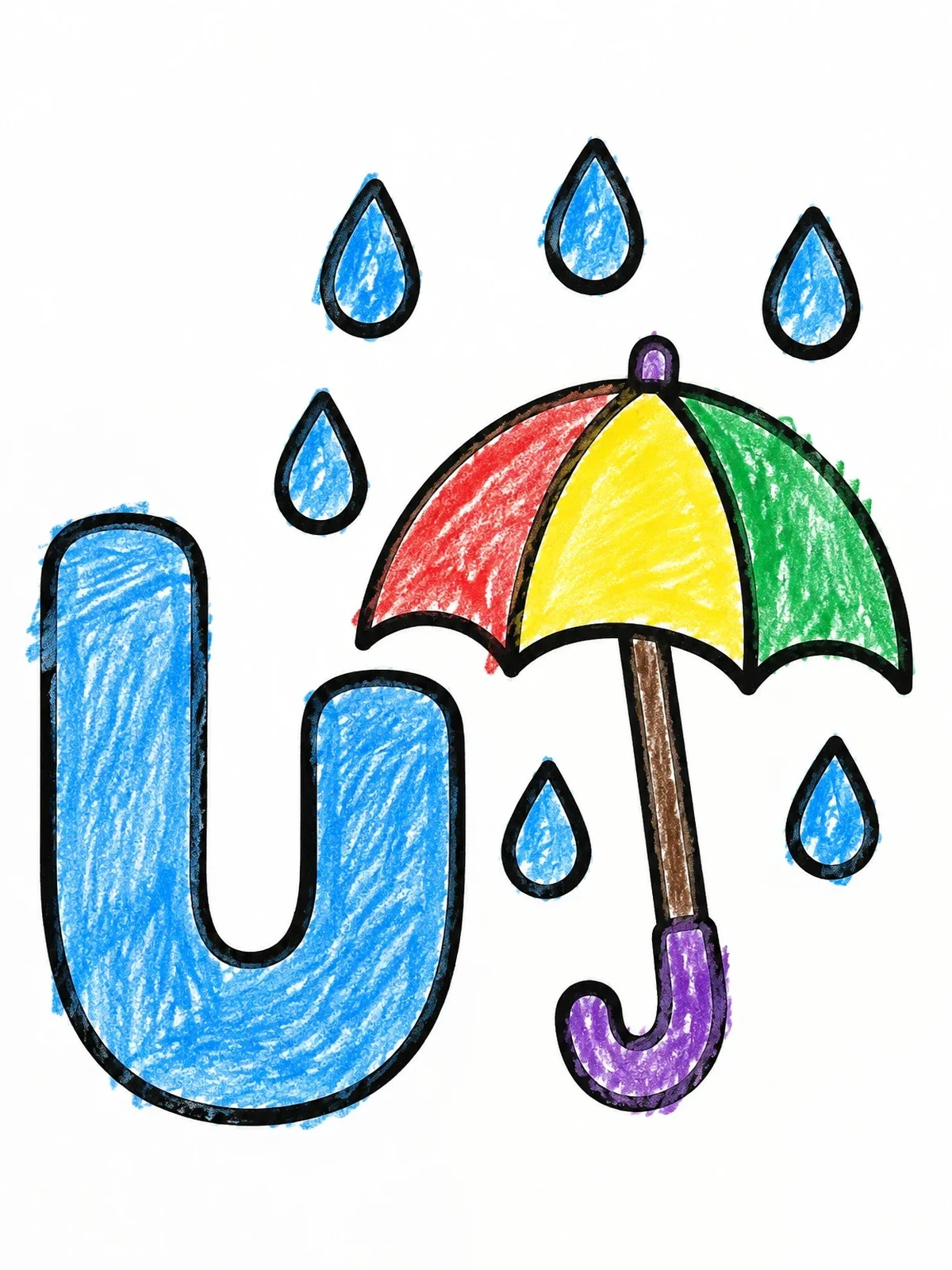 Colored example of the Letter U With Rain Umbrella coloring page