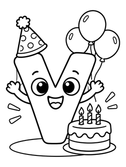 A cheerful cartoon letter V coloring page with a party hat, birthday cake, and balloons.