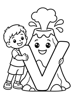 Free printable Letter V With Volcano And Boy coloring page