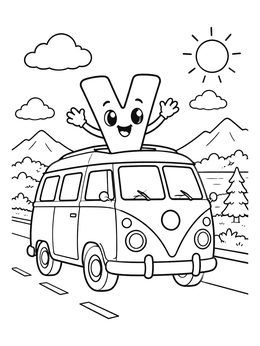 A cheerful letter V coloring page featuring a retro camper van driving along a scenic mountain road.