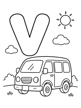 Free printable Letter V With Cute Van coloring page