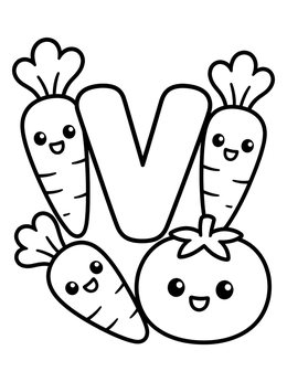 Free printable Letter V With Cute Vegetables coloring page