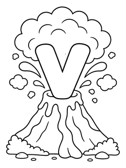 A bold letter V coloring page emerging from an erupting volcano with billowing smoke.