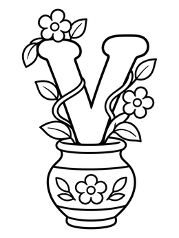 A letter V coloring page featuring a decorative vase with blooming flower vines.