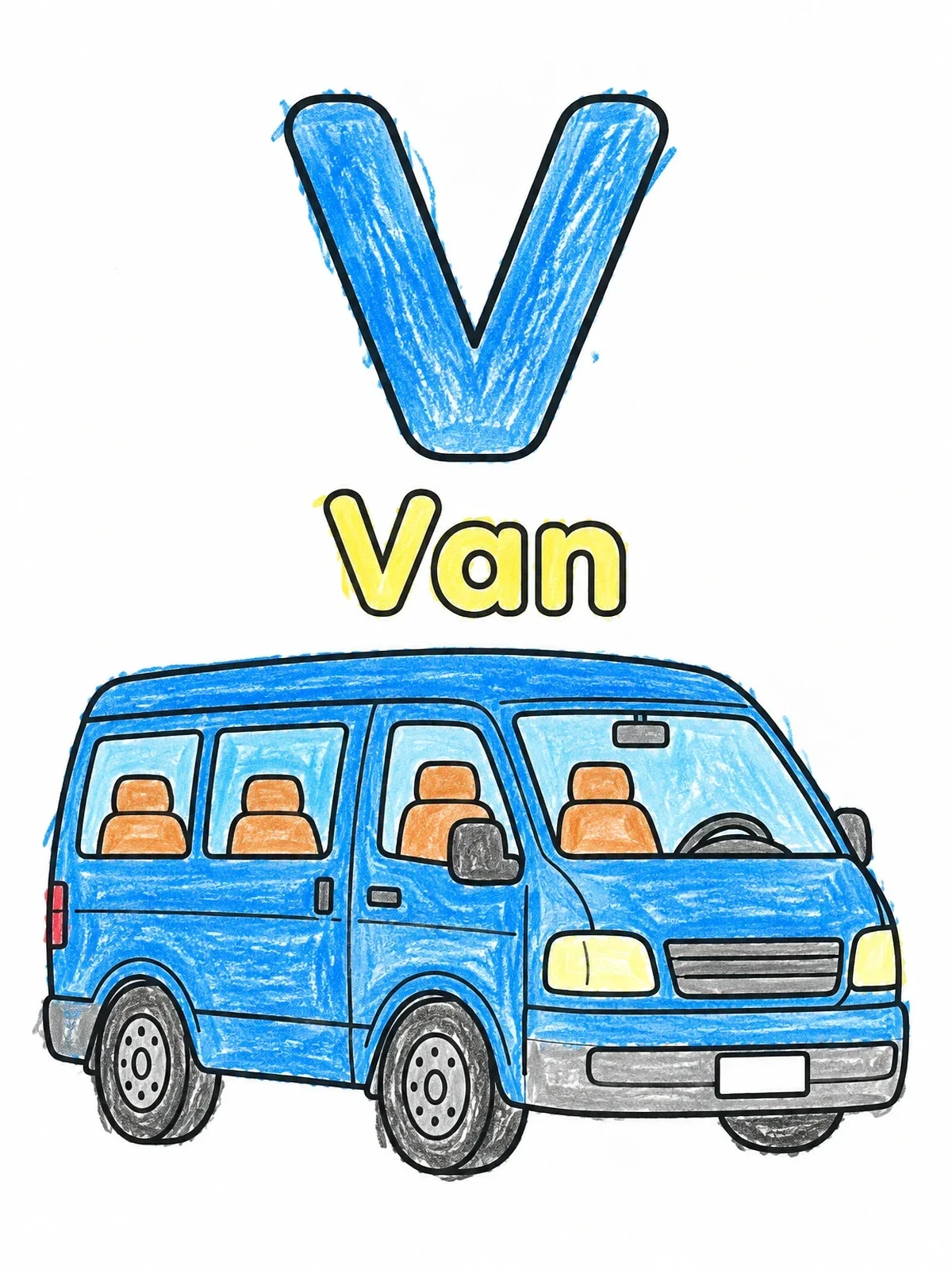 Colored example of the Letter V With Passenger Van coloring page