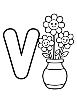 Free printable Letter V With Vase And Flowers coloring page