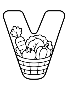 A simple letter V coloring page featuring a basket filled with fresh vegetables.