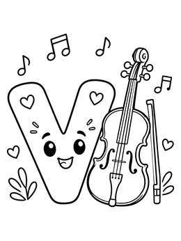 A cheerful letter V coloring page standing beside a violin with floating musical notes.