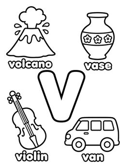 Free printable Letter V With Volcano, Vase, Violin, And Van coloring page
