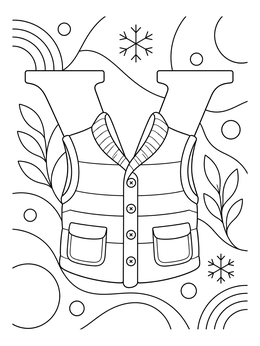 A capital letter V coloring page featuring a cozy winter vest surrounded by snowflakes and leaves.