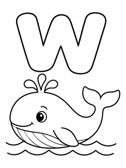 A cheerful cartoon whale swimming under a letter w coloring page.