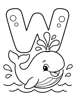 A happy whale spouts water in front of a big letter W coloring page.