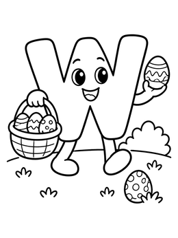 A friendly letter W coloring page with an Easter basket full of patterned eggs.